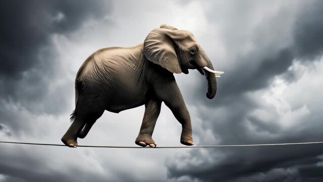 elephant walks on a tightrope against a dramatic, stormy sky. Surrealism concept