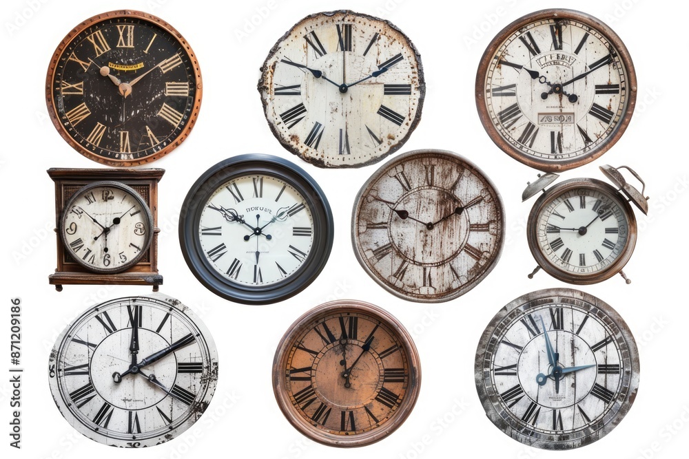 Poster a collection of various clocks placed on a clean white surface