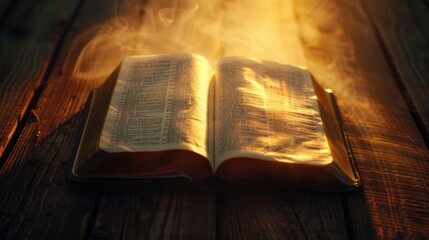 Obraz premium A Christian holy book resting on a natural wood surface, ideal for use in editorial and educational contexts