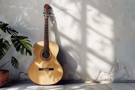 an acoustic guitar leaning against a light wall with a green vase on the side and space for text or inscriptions
- Powered by Adobe