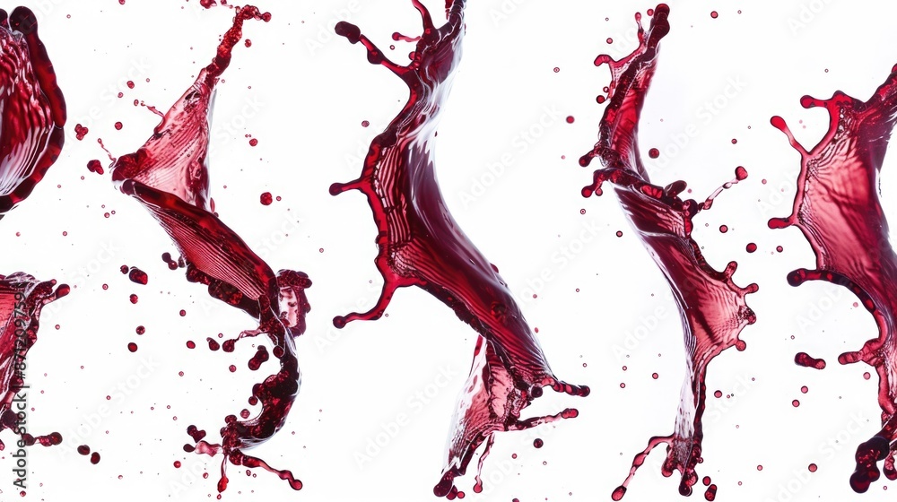 Poster A group of bright red liquid splashes spreading across a white surface, perfect for use in design projects or illustrations