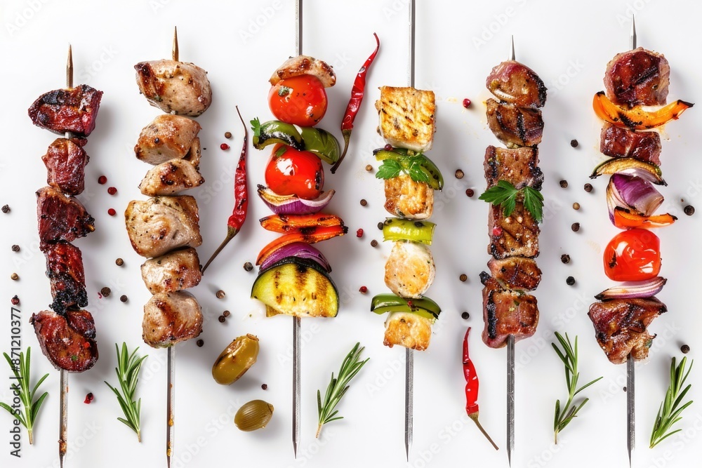 Poster A collection of savory and sweet skewers arranged neatly on a white background