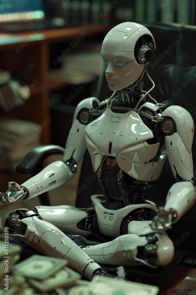 Leinwandbilder a robot sits on a chair in front of a computer, ready to work or communicate