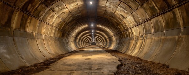 A circular underground tunnel illuminated by soft lights, creating a symmetrical and inviting...