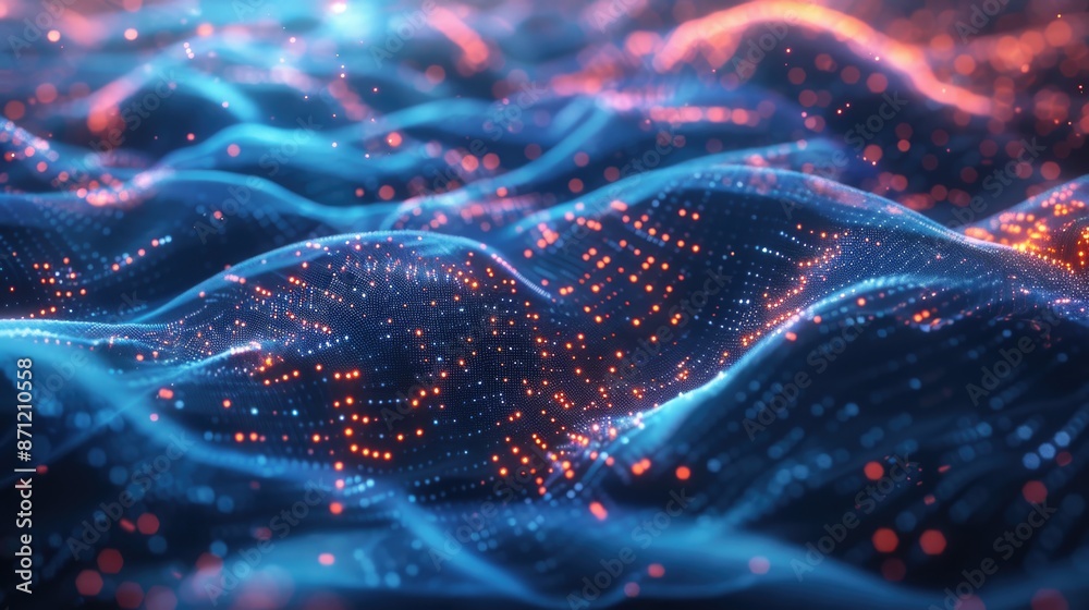 Poster a futuristic display of blue and orange lights forming a wave shape