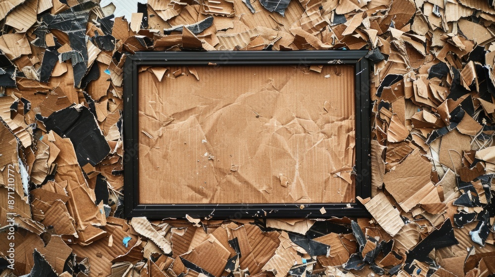 Poster a picture frame sitting on top of a pile of cardboard boxes, possibly used or discarded