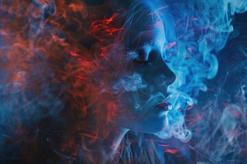 A woman with striking blue hair surrounded by red smoke, ready for a mysterious adventure