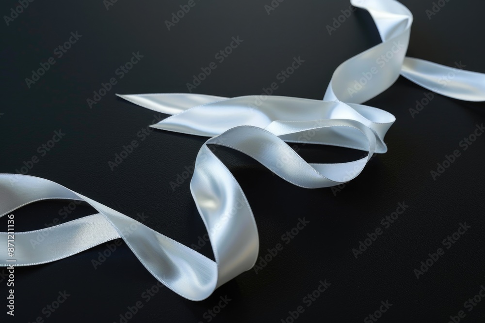 Poster a detailed view of a white ribbon on a black background, ideal for use in designs or as a symbol