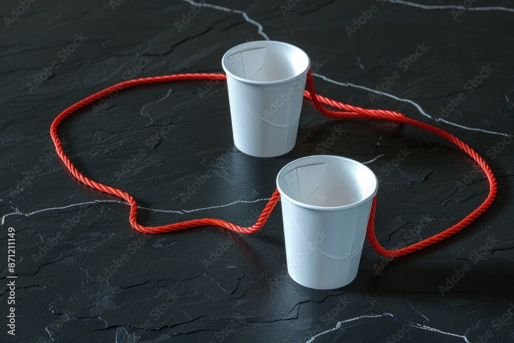 Canvas Prints Two cups with a red cord connecting them, ideal for flat lay or still life compositions