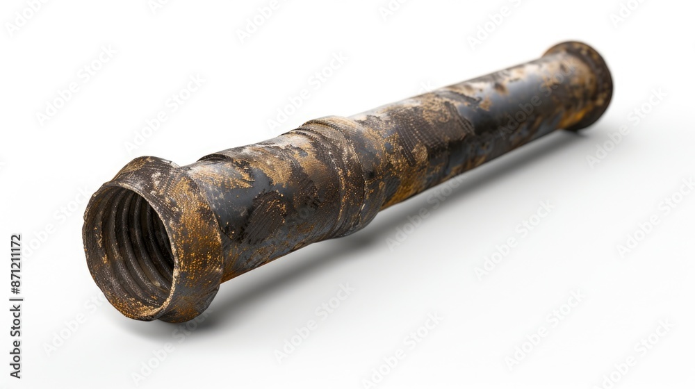 Poster A close-up shot of an old rusty pipe sitting on a white surface