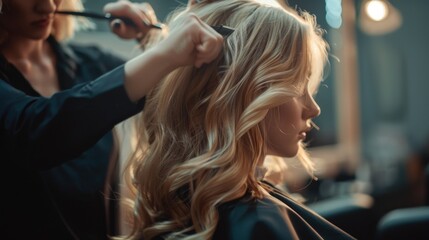 A woman sitting in a salon chair, having her hair styled by a professional stylist
