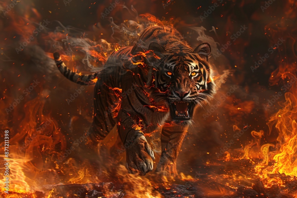 Poster a tiger runs through a field filled with flames