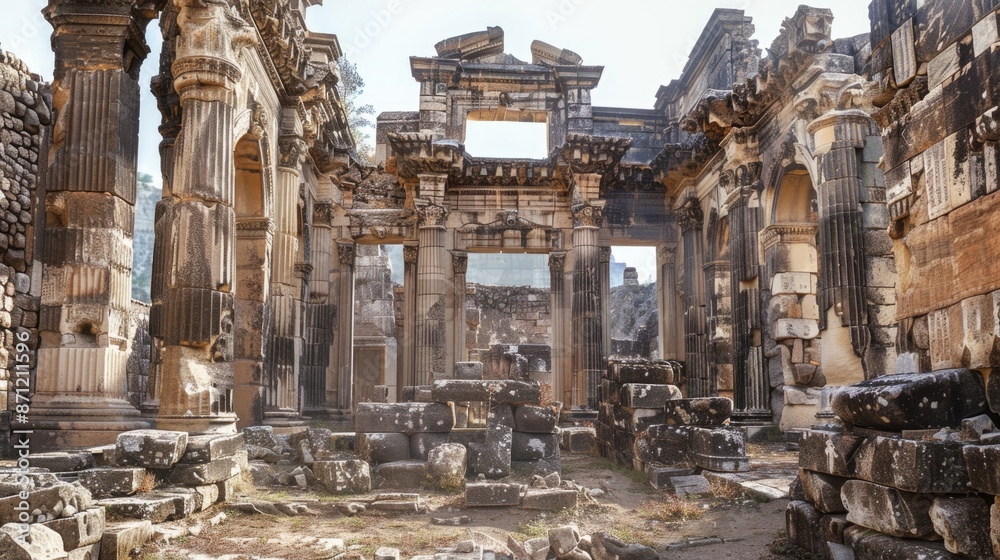 Poster A historic building with many stone columns, suitable for use in illustrations about architecture or ancient civilizations