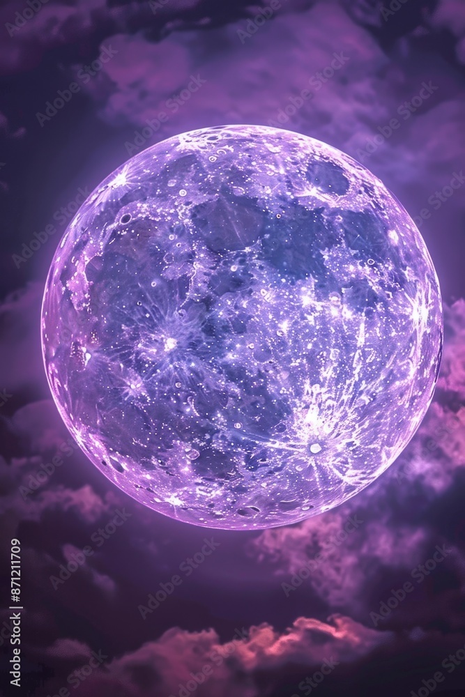 Poster a purple full moon is visible through the clouds in this nighttime image