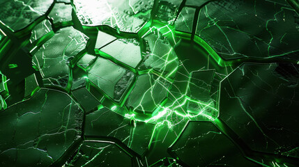 A cracked hexagonal pattern on a futuristic panel, green luminescent light shining through the cracks