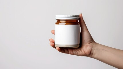 Hand holding a jar with blank label on white background