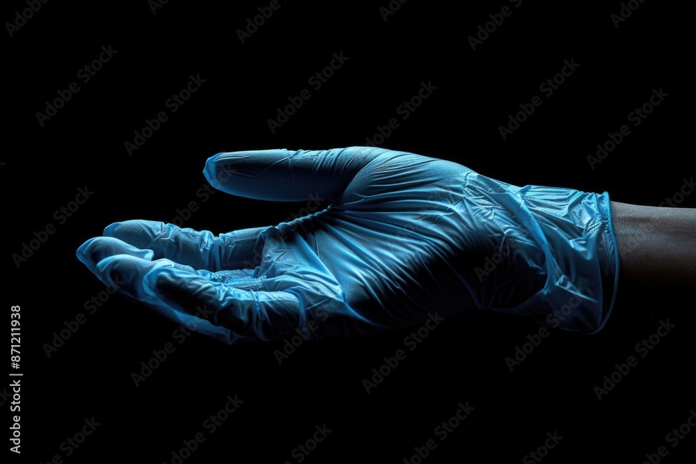 Poster A person wears a blue glove and holds an unknown object in their hand, details not visible