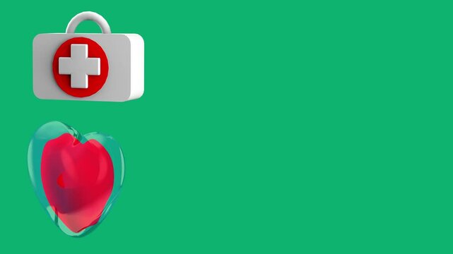  red 3D heart spinning inside a glass heart and medicine cabinet With the spinning, the heart turns into a green bow, World Organ Donation Day. Concept of donation, volunteering and medical treatment.