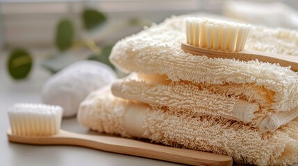 Spa concept with natural loofah cloth and bamboo toothbrush in bathroom