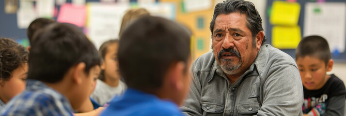 Obraz premium A middle-aged man with a beard is speaking to a group of students in a classroom setting