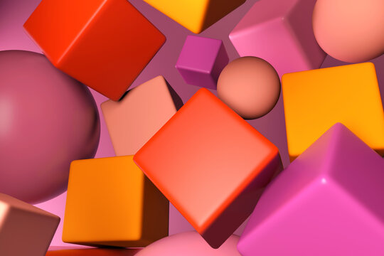Colorful red, yellow, purple, pink geometric shapes piled together. 