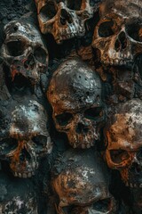 Fototapeta premium A collection of skulls resting on a mound of earth