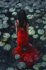 Fototapeta premium A woman stands on the surface of a pond surrounded by water lilies, wearing a bright red dress