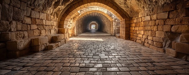 An ancient stone tunnel with rounded arches and a cobblestone floor, bathed in natural light. The image captures the historical and architectural beauty of old structures.