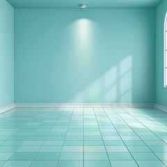 Minimalistic empty room featuring turquoise walls, a tiled floor, and natural light streaming through a window.