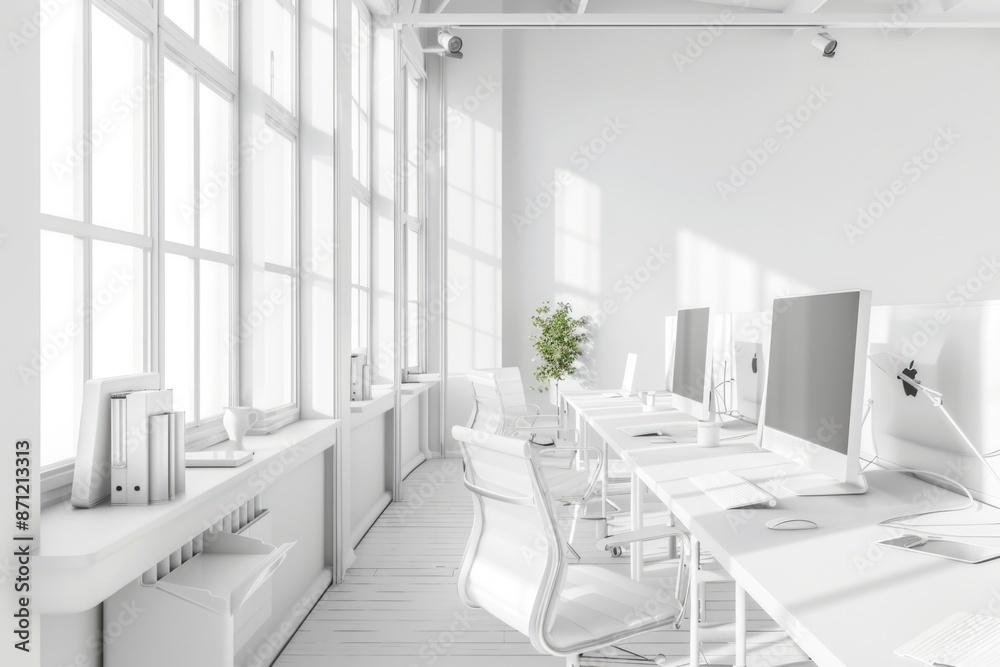 Poster a room filled with desks and computers, ideal for office or workspace scenes