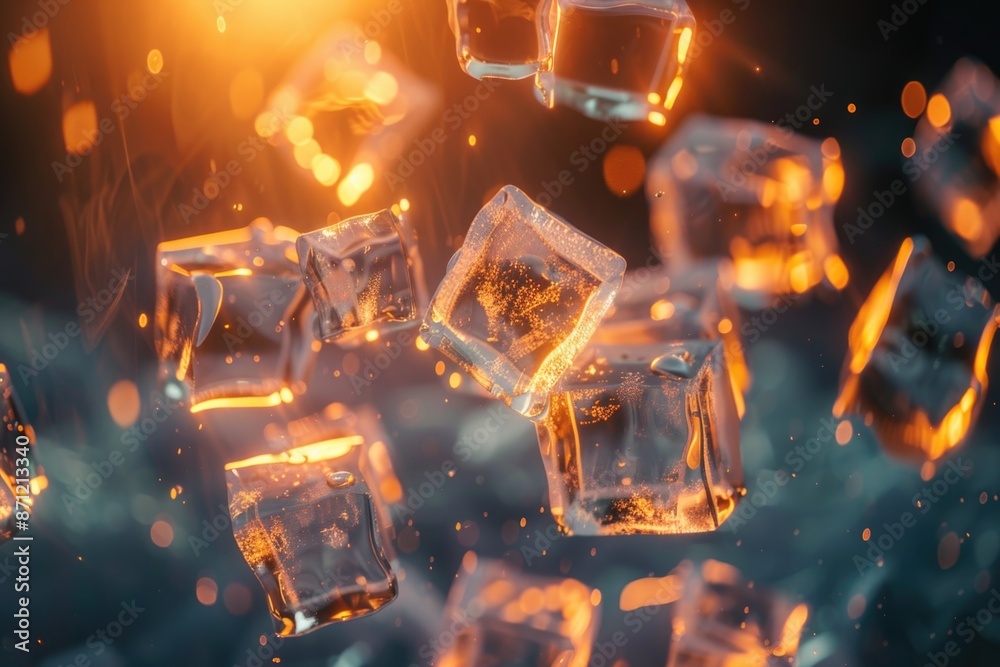 Poster a photo of a bunch of ice cubes suspended in mid-air, with no visible support or container