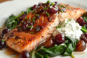 Salmon with cherry sauce sour cream and spinach