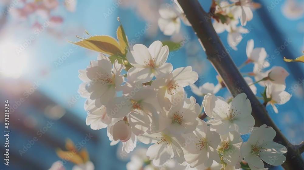 Poster a detailed view of a group of flowers growing on the branch of a tree