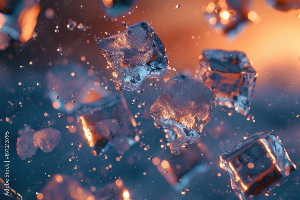 Poster a collection of ice cubes suspended in mid-air, with no visible container or support