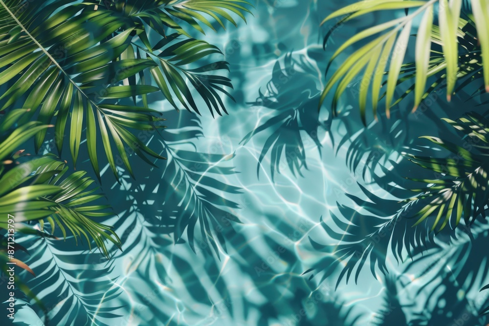 Poster a close-up shot of a palm tree standing near a pool, with clear blue water and a few ripples