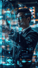 Obraz premium A businessman in a dark suit interacts with a holographic display, showcasing futuristic digital technology and data visualization