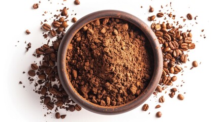 A bowl filled with coffee beans sits next to a pile of whole coffee beans, perfect for brewing or grinding