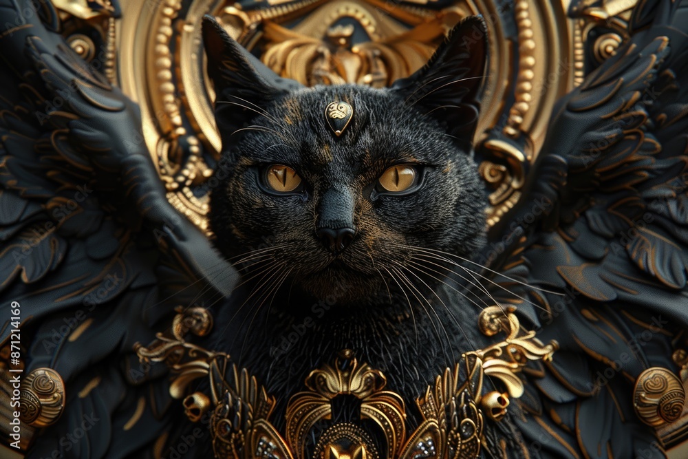 Poster a black cat sits atop a golden clock in a simple, yet intriguing scene