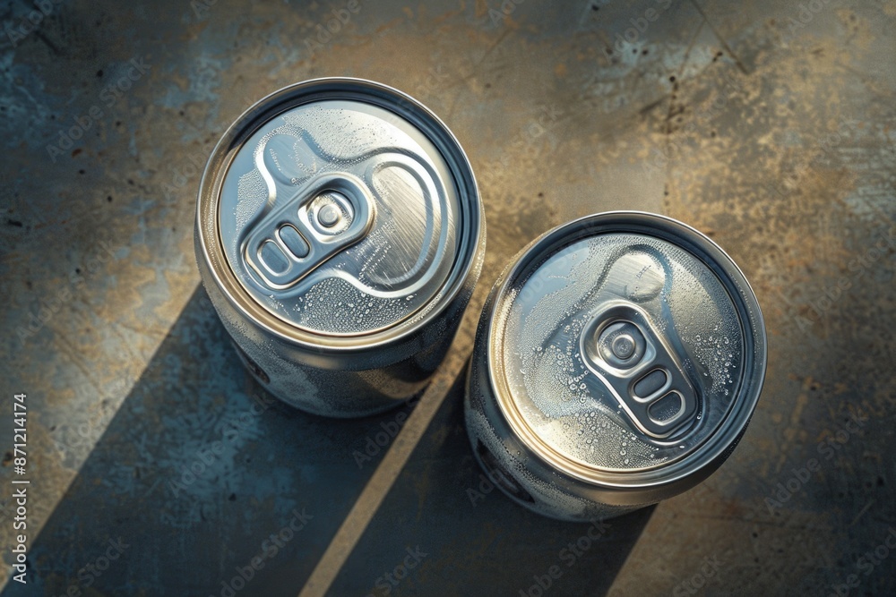Poster two empty soda cans sit on a gray concrete floor, simple and straightforward