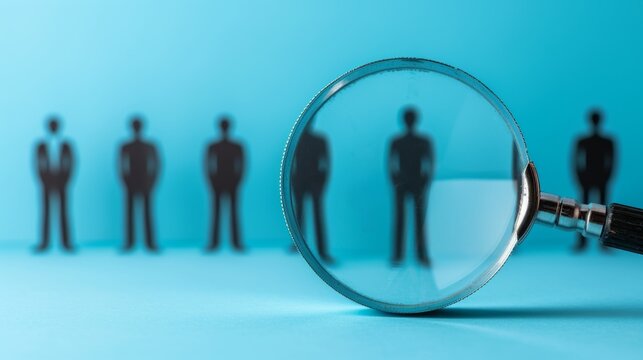 job recruitment, a magnifying glass seeking job candidates against a blue background for job searches in the labor market