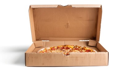 Freshly baked pizza in a cardboard box on a white surface, perfect for delivery or takeout