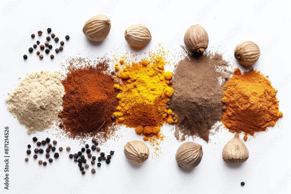Poster A selection of various spices and nuts arranged on a white surface, ideal for use in cooking or as a decorative element