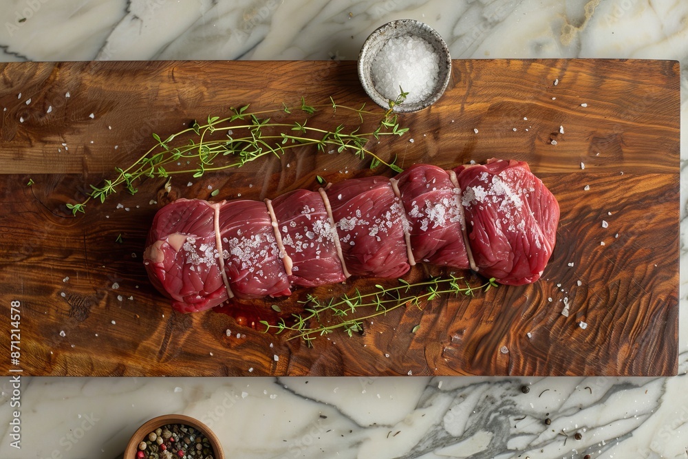 Wall mural Skirt steak on wood board with salt and thyme top view