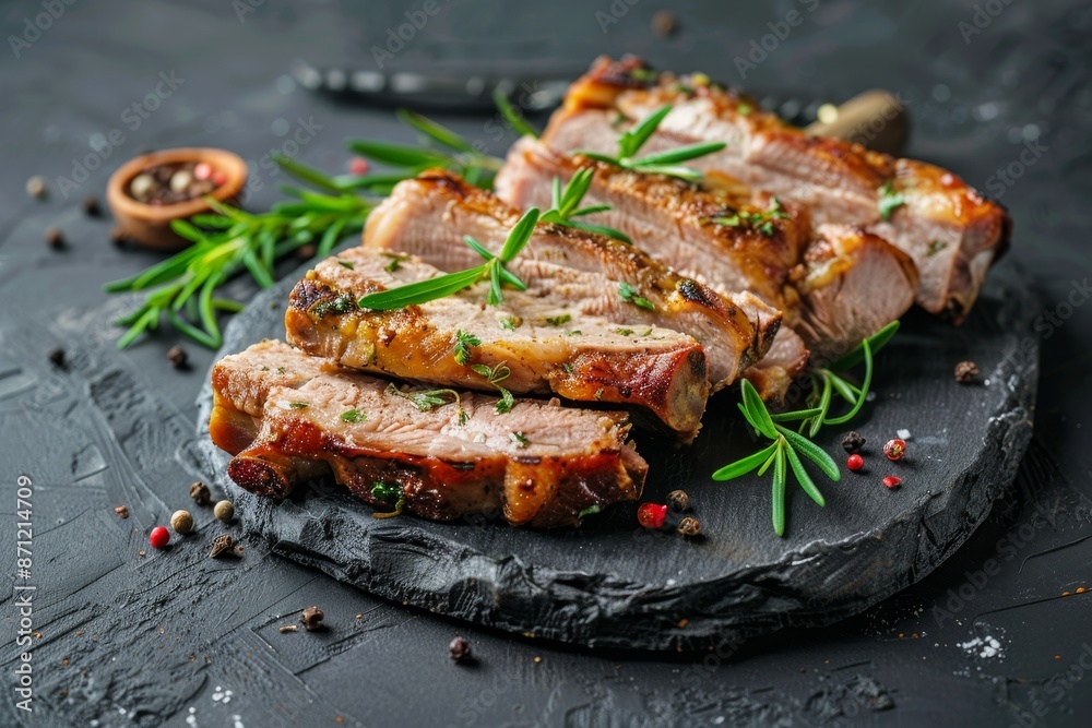 Wall mural Sliced pork steak with spices on dark background