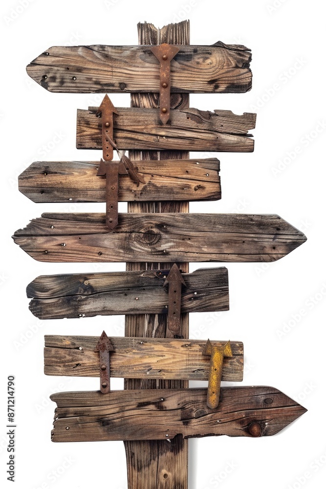 Poster wooden sign with multiple arrows showing various directions