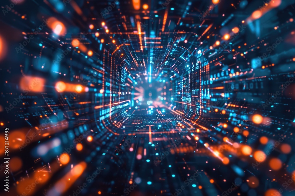 Poster abstract illustration of a tunnel with blue and orange colors, suitable for use in futuristic or tec