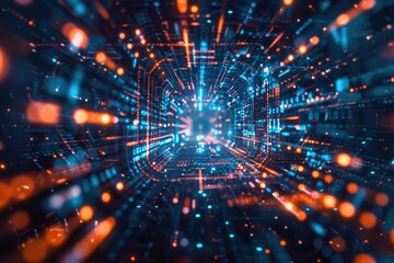 Obraz premium Abstract illustration of a tunnel with blue and orange colors, suitable for use in futuristic or technology-related designs