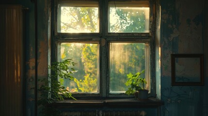Fototapeta premium A small potted plant sits on the window sill, bringing some greenery to the room