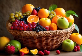 vibrant fruits overflowing wicker basket, colorful, spilling, fresh, ripe, juicy, assorted, delicious, healthy, organic, harvest, abundance, tropical
