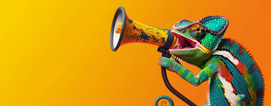 Creative announcement concept. A vibrant chameleon appears to be shouting into a megaphone against a solid orange background, showcasing a playful mix of wildlife